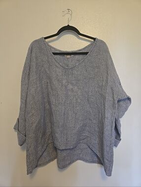 FLAX Popover Loose Fitting Top 100% Linen Blue L